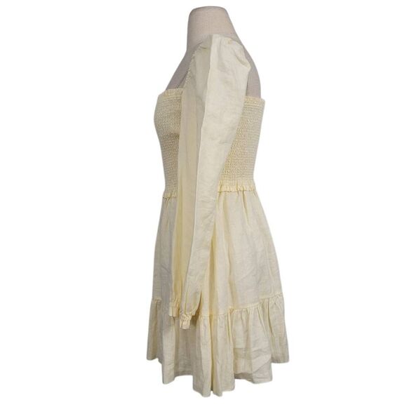 Aritzia Wilfred Tempest Organic Linen Smocked Mini Dress Sz S Tapioca Yellow - Picture 2 of 11